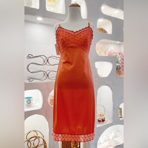 Vintage 70s Coral Below the Knee Slip Dress with Adjustable Straps and Lace Trim